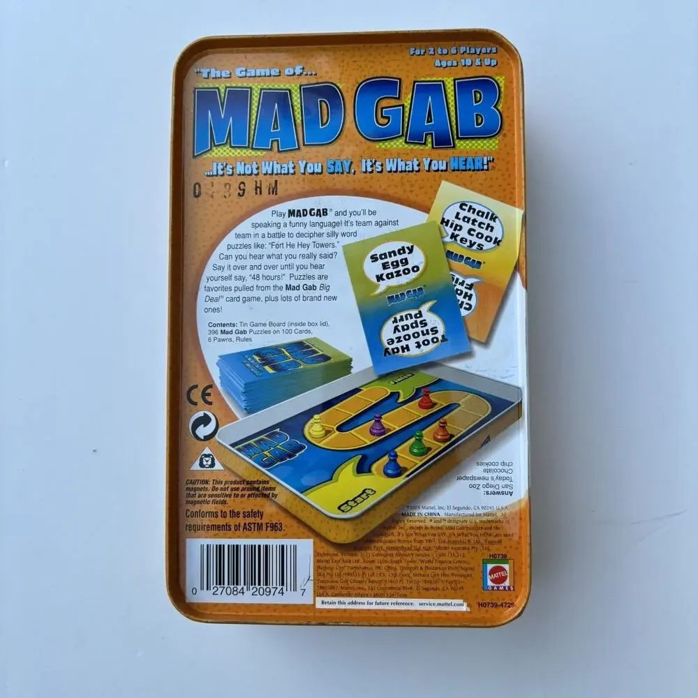 Mad Gab Game Tin COMPLETE Mattel 2004 Travel Party Game Words Humor